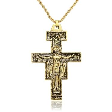Imagem de Colar de cruz de São Francisco de Assis em ouro vintage, 8,4 cm, Tau San Damiano, presente de crucifixo católico