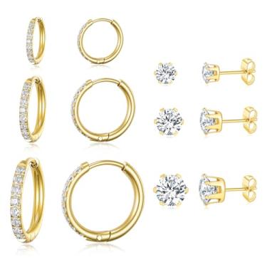 Imagem de Gemsme Brincos de argola de aço inoxidável cirúrgico 316L, banhado a ouro 18 K, conjunto hipoalergênico de zircônia cúbica para mulheres e homens, Aço inoxidável, Zircônia cúbica