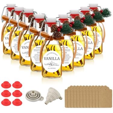 Imagem de Sieral 9 conjuntos de garrafas de extrato de baunilha conjunto de garrafas de vidro marrom de Natal para âmbar extrato de baunilha caseiro com tampas de funil etiquetas de corda para óleo de cerveja