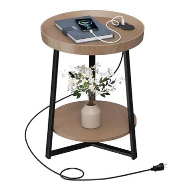 Imagem de Gadroad Mesa Lateral Redonda Com Estação De Carregamento, Portas Usb, Tampo De Madeira E Estrutura De Metal Preto, Mesa Lateral De 2 Níveis Para Sala De Estar, Quarto, Cor Nogueira 15,7 * 15,7 * 23,