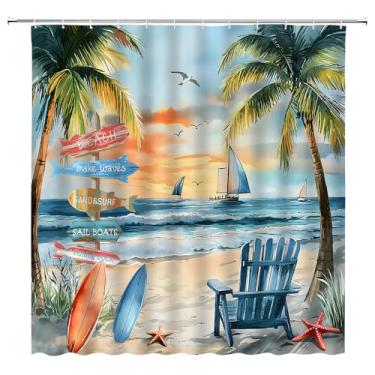 Imagem de UOZXOML Cortina de chuveiro de praia oceano tropical aquarela mar pôr do sol palmeira estrela do mar prancha de surfe gaivota veleiro náutico litoral cenário litorâneo tecido decoração de banheiro