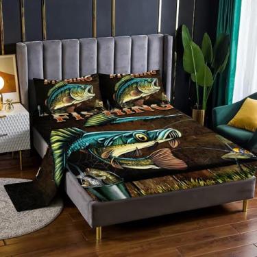 Imagem de Nttopship Jogo de cama solteiro com 4 peças de peixe lúcio grande, verde e marrom com bolsos profundos, decoração de quarto de pesca, 4 peças (1 lençol + 1 lençol + 2 fronhas)