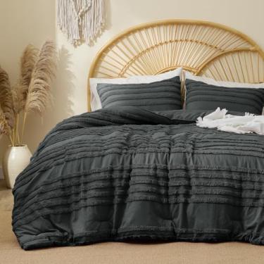 Imagem de BEDELITE Conjunto de cama queen boêmio, listrado adornado cinza escuro, 3 peças, edredom vintage macio para todas as estações, decoração de casa boho, roupa de cama jacquard fofo com 2 fronhas