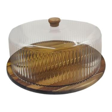 Imagem de Ioensy Suporte de madeira para com tampa, expositor de sobremesas, porta-cupcakes redondo, bandeja para servir em clubes, restaurantes e festas, 34cm X 34cm X 16cm