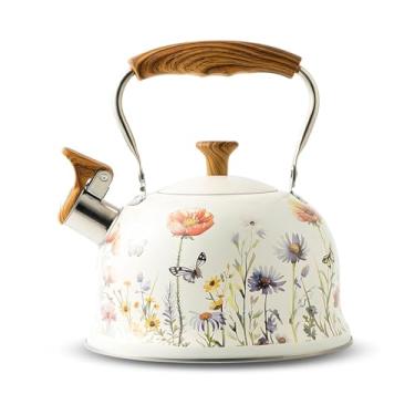 Imagem de Yadlan Chaleira para fogão, chaleira de assobio de aço inoxidável 3L para fogão a gás, chaleira de indução com alça antiquente, padrão floral, chaleira de acampamento para chá e café