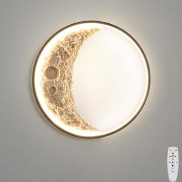 Imagem de Luminária de parede LED em formato de lua para quarto infantil, com controle remoto para intensidade ajustável, interruptor de luz de parede e plugue de cabo. Luminária de parede redonda dec