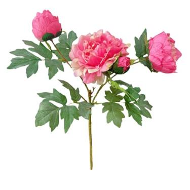 Imagem de CWPJUNDGP Flores artificiais de peônia realista, buquê de peônia luxuoso de seda/plástico com 4 cabeças (62 cm), pacote com 2/4 cores mistas (vermelho/rosa/laranja) para decoração de vaso de sala de