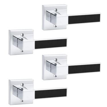 Imagem de Probrico Maçaneta de porta falsa resistente com alavanca de mão de couro preto, puxador lateral único quadrado que não gira apenas para armário ou portas francesas, cromo polido, pacote com 4