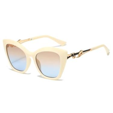 Imagem de Óculos de Sol Vintage Elegantes Femininos com Hastes em Metal Vazado, Estilo Olho de Gato Retrô, Proteção UV400, Armação Grande para Viagem (Bege)