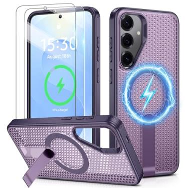 Imagem de Jshru Para Samsung Galaxy S25/S24 Cas com [2 peças] películas de tela HD, compatível com MagSafe [proteção contra quedas de grau militar], capa fina translúcida com suporte invisível para S25, roxa