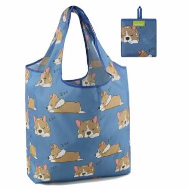 Imagem de Presentes para amantes de cães, sacolas de compras reutilizáveis de animais fofos, dobráveis, reutilizáveis Corgi, laváveis na máquina, extra grande, 22,7 kg, resistente para mantimentos