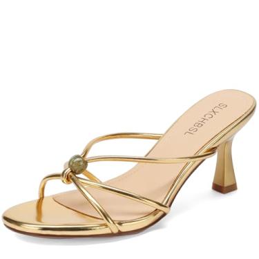 Imagem de SLXCHBSL Sandálias femininas de salto gatinho bico aberto redondo com tiras de salto baixo sem cadarço para vestido casual festa casamento confortável verão mules sapatos, Dourado, 35