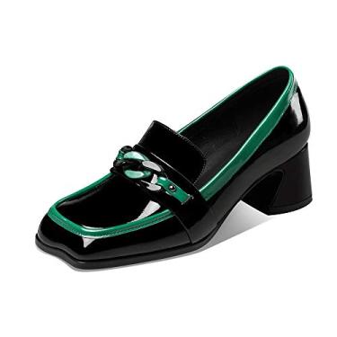 Imagem de TinaCus Mocassim feminino de couro legítimo, bico quadrado, feito à mão, cores sortidas, salto grosso, moderno com decoração de corrente, Verde, 6.5