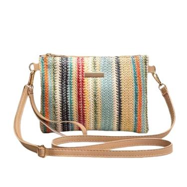 Imagem de Bolsa tiracolo de palha elegante – Bolsa clutch e bolsa de moedas com alça de ombro ajustável e fecho de zíper para passeios casuais, férias e viagens diárias