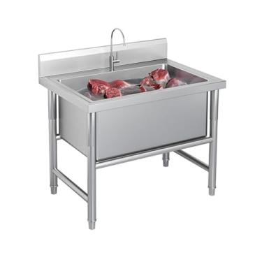 Imagem de Pia de tigela única grande, pia industrial de cozinha, pia independente de aço inoxidável, 1 compartimento para pia de cozinha comercial, pia utilitária com backsplash (60 x 60 x 80 cm/23,6 x 23,6 x