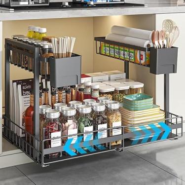 Imagem de Organizador expansível sob a pia com ajuste de altura de 3 níveis, organizador sob a pia de 2 camadas, gavetas, organizador de armário para cozinha e banheiro, preto, grande