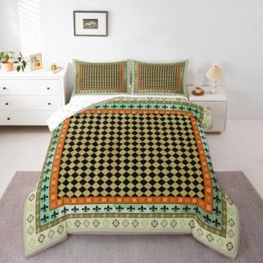 Imagem de jejeloiu Jogo de cama queen quadriculado, xadrez, damasco, floral, xadrez, para crianças, meninos, meninas, geométrico, quadriculado, decoração de quarto de microfibra, 3 peças com 2 fronhas