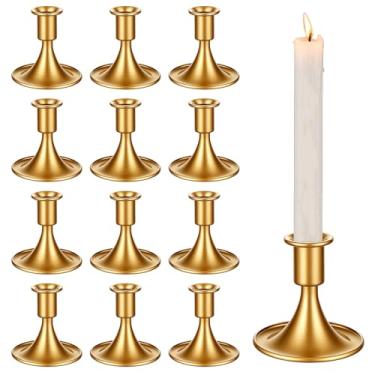 Imagem de 12 peças de castiçais de ouro, castiçal de latão dourado vintage para mesa de centro de mesa, recepção de casamento, decoração festiva de cornija de Natal ou decoração de casa