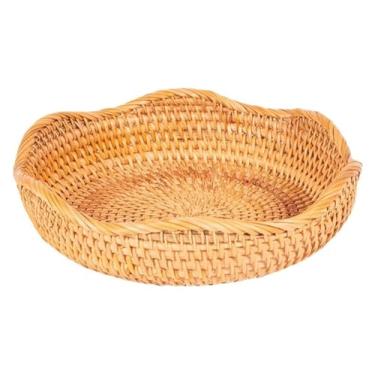 Imagem de fruteira cesta Cesta de frutas e vegetais redonda bandeja de frutas artesanal cesta de rattan empilhável rack de armazenamento tecido pão de frutas bancada(Small)