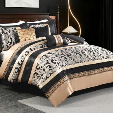 Imagem de CozyDH Conjunto de edredom jacquard dourado preto, 7 peças, design de patchwork damasco luxuoso, todas as estações, roupa de cama alternativa com saia para cama, fronhas, travesseiros decorativos, 264