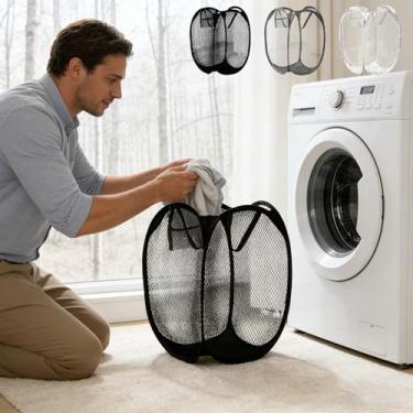 Imagem de Cesto de roupa suja dobrável, design de rede pop-up, alças portáteis, armazenamento monocromático dobrável para banheiro, quarto, viagens