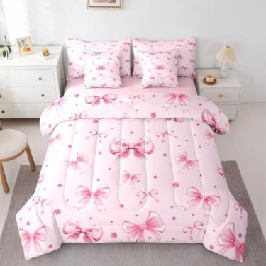 Imagem de Erosebridal Conjunto de edredom Queen com gravata borboleta rosa para meninas | Jogo de cama de 7 peças com laço de princesa em uma bolsa, lençol de cima feminino com laço de princesa e nó de laço