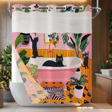 Imagem de Fowocu Cortina de chuveiro sem gancho com forro de encaixe, cortinas de chuveiro engraçadas de gato para banheiro, boho, gatos pretos, fofos, matisse, verde, planta tropical, rosa, laranja, tecido