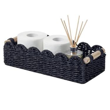 Imagem de Cesta de armazenamento de corda de papel com borda recortada preta com alças de madeira – Caixa organizadora de vime tecida à mão para banheiro, vaso sanitário, bancada, prateleira, decoração de