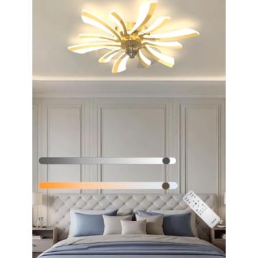 Imagem de Ventilador de teto com luminária LED moderna, silencioso e criativo, em formato de flor, com controle remoto, dimerizável e 6 velocidades, ideal para quarto e sala de estar (dourado, 78 cm).