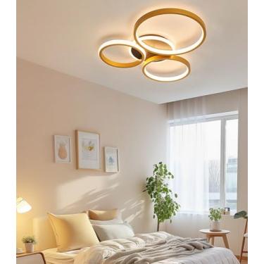 Imagem de Luminária de teto LED regulável com controle remoto, moderna e redonda, com design metálico, ideal para quarto, sala de estar, sala de jantar e outros ambientes (Dourada, 52 cm).