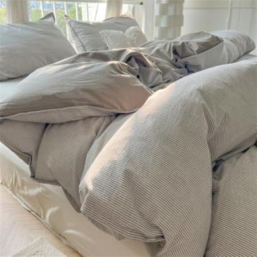 Imagem de Conjunto de cama de solteiro/casal com listras finas e simples, macio e agradável ao toque, com capa de edredom, lençóis e capa de edredom. Tamanho 2B (cama de 1,8 m). Conjunto de 4 peças.