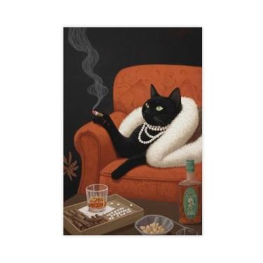 Imagem de Impressão de arte de parede de gato, pôster caprichoso de tela de gato preto, ilustração retrô de coquetel, arte de animal engraçada, decoração de casa vintage elegante 30,5 x 45,7 cm sem moldura