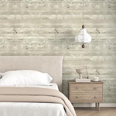 Imagem de Wallderful Papel de parede rústico de grão de madeira recuperada bege claro tábuas horizontais papel de contato de madeira