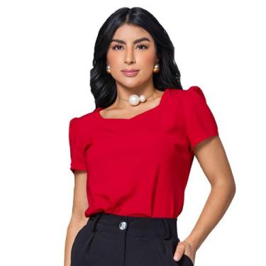 Imagem de Blusa Social Feminina Manga Curta Bufante Decote Princesa Crepe Elegan