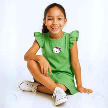 Imagem de Vestido Infantil Hello Kitty com Mangas Franzidas Viscose Trabalhada, 