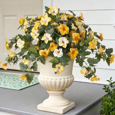 Imagem de Ammyoo Flores artificiais de petúnia falsas para decoração ao ar livre, 2 peças de flores de petúnias de seda sintética para primavera, resistente a UV, não desbota, plantas realistas para jardim