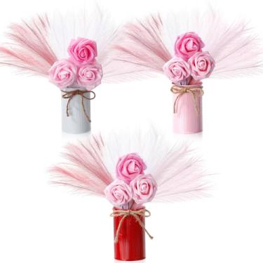 Imagem de Zeyune 3 conjuntos de mesa de dia dos namorados, 9 rosas artificiais e 9 pampas com vaso de metal, arranjo de flores falsas para decoração de festa de casamento no Dia dos Namorados