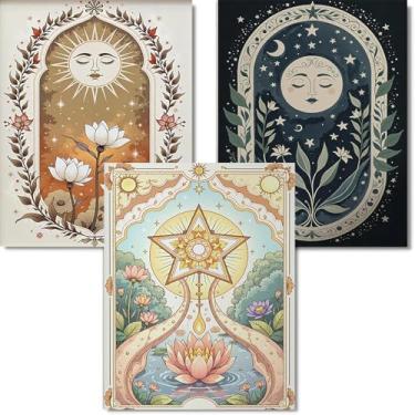 Imagem de Pacote com 3 kits de arte de tarô de diamante para adultos, o sol e a lua, kits modernos de pintura de diamante 5D com pontos de diamante, artesanato com ferramentas, artesanato completo redondo de