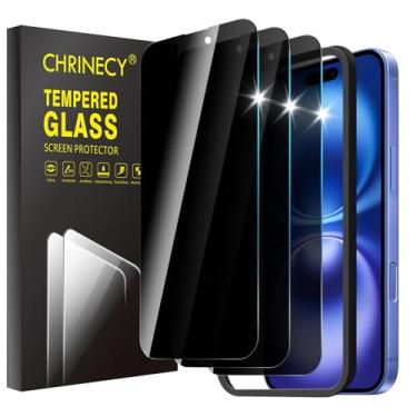 Imagem de CHRINECY Pacote com 3 protetores de tela de privacidade compatíveis com iPhone 16 Plus/iPhone 15 Plus, película de vidro temperado anti-espião com ferramenta de fácil instalação, antiarranhões