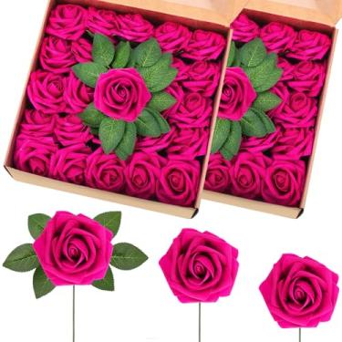Imagem de Luinabio 50 buquê de flores artificiais de rosas de espuma artificial com folhas e caules para buquês de casamento faça você mesmo, decoração de casa para chá de noiva para dia dos namorados (rosa
