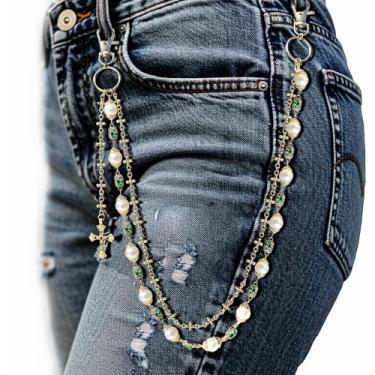 Imagem de NREDXOON Corrente de ouro Y2K para calças e jeans para mulheres - camadas com pingentes de cruz de pérola - Carteira estética gótica e pingente de bolsa (flor dourada)