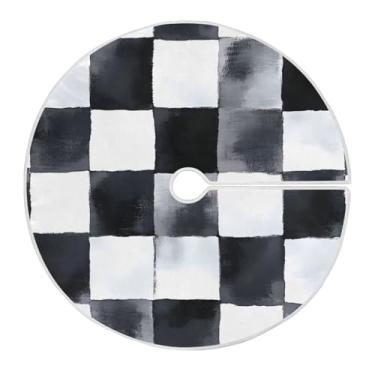 Imagem de Qilmy Saia de árvore de Natal de grade de flange preta e branca 120 cm, camurça para árvore de Natal, adequada para decoração de armário de escritório ou festa de feriado1049