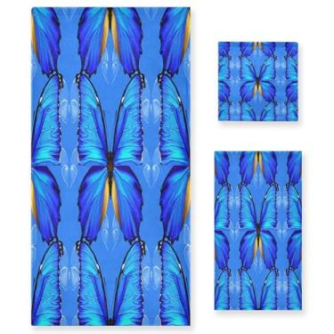 Imagem de xigua Conjunto de toalhas de banheiro Blue Butterflies absorvente macio 3 peças toalha de banho toalha de mão toalhas decorativas para banheiro, academia, hotel, praia, piscina