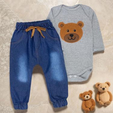 Imagem de Conjunto Para Bebê Urso Body Bordado Mescla E Calça Jeans