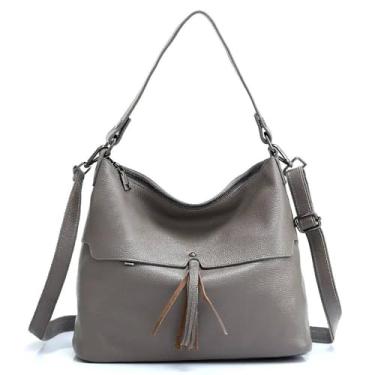 Imagem de Bolsa feminina de couro legítimo, bolsa tiracolo feminina com borla, ombro grande, Cinza, Large