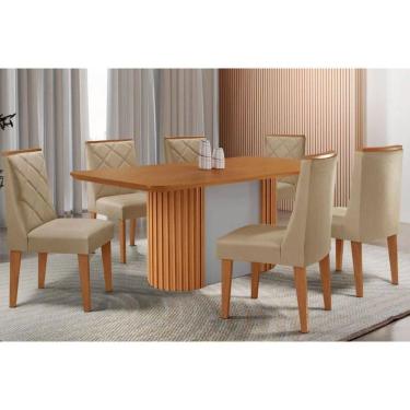 Imagem de Conjunto Sala de Jantar Pilar c/ Tampo Madeirado Canto Curvo 180x90cm e 6 Cadeiras Pietá Madeira Maciça Naturale/Off White - Capuccino/Linho Bege-Rufa