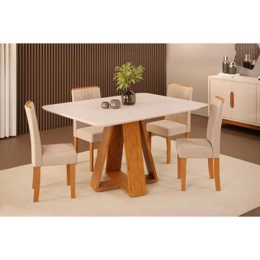 Imagem de Sala de Jantar Completa Celeste c/ Tampo Madeirado c/ Vidro Curvo 120x90cm e 4 Cadeiras Zoe Freijo/Off White - Suede Creme - DJ Móveis