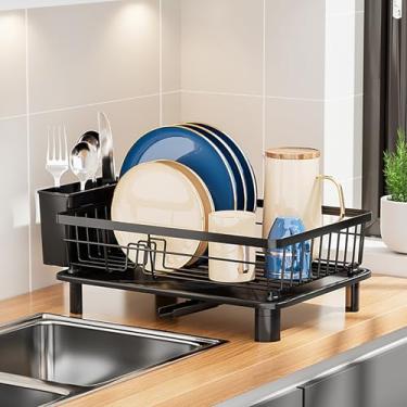 Imagem de Escorredor de pratos de aço inoxidável com bandeja de talheres - organizador de cozinha à prova de ferrugem e economia de espaço para secagem rápida e drenagem fácil, perfeito para espaços pequenos
