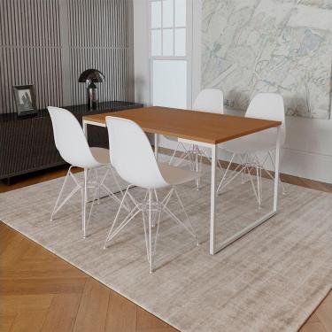 Imagem de Mesa Industrial Base Ferro Branco Tampo 137X90 Canela 4 Cadeiras Ferro Branco Assento Branco Marrom