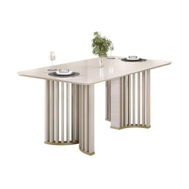 Imagem de Mesa De Sala Jantar Luma C/ Tampo Madeirado C/ Vidro Curvo 180x100cm Off White/off White - Dj Móveis